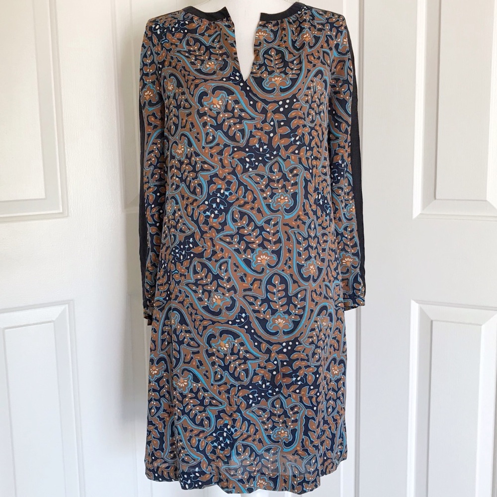 TORY BURCH Blue brown silk linen shift dress 4